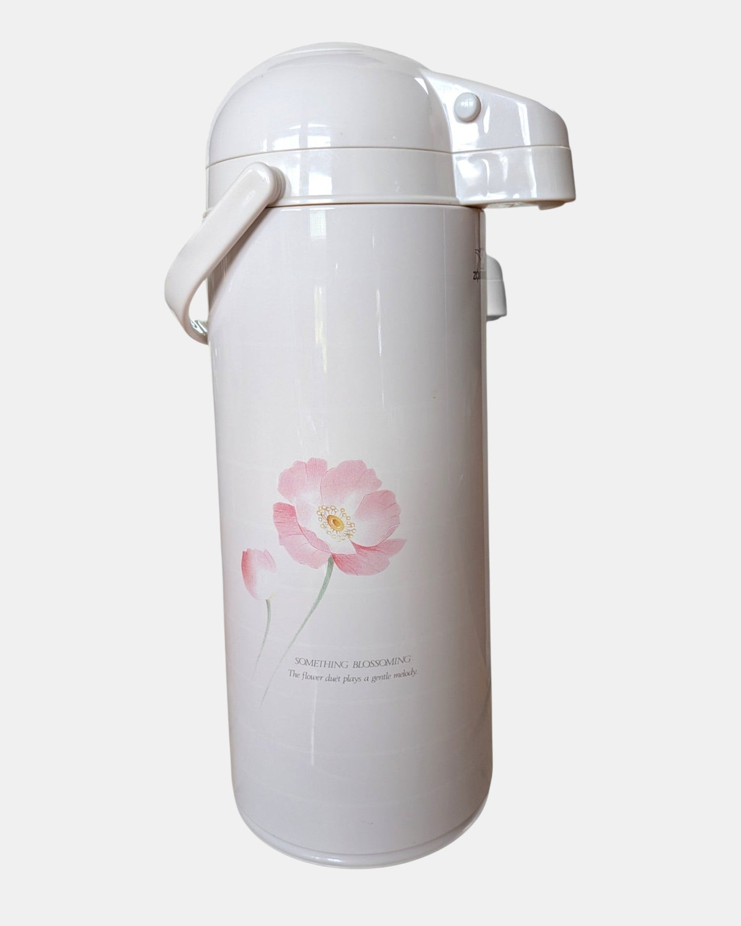 Bubu Future Online Zojirushi 2.45L thermal airpot in white with vintage Duet Flower floral print and pump dispenser.