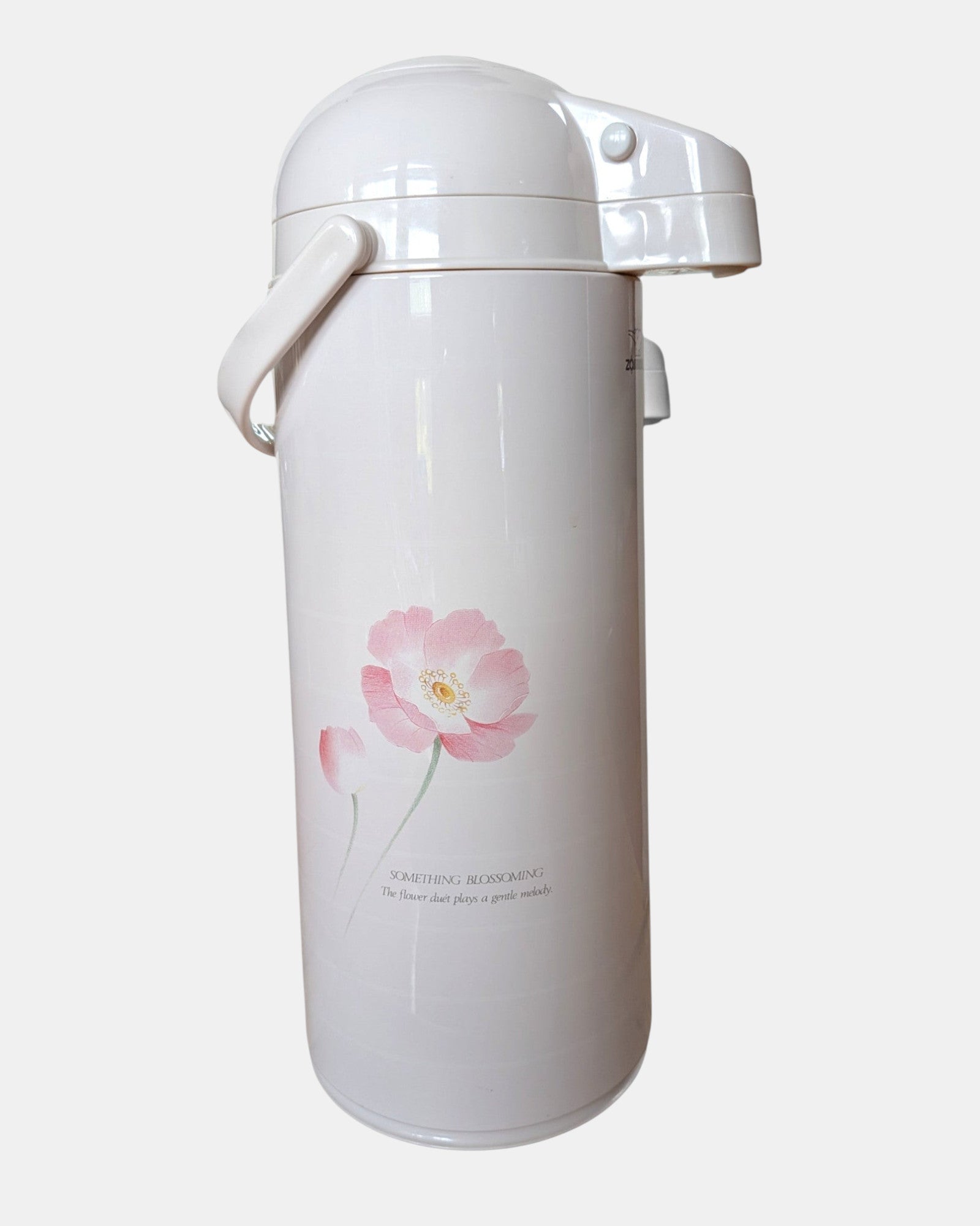 Bubu Future Online Zojirushi 2.45L thermal airpot in white with vintage Duet Flower floral print and pump dispenser.