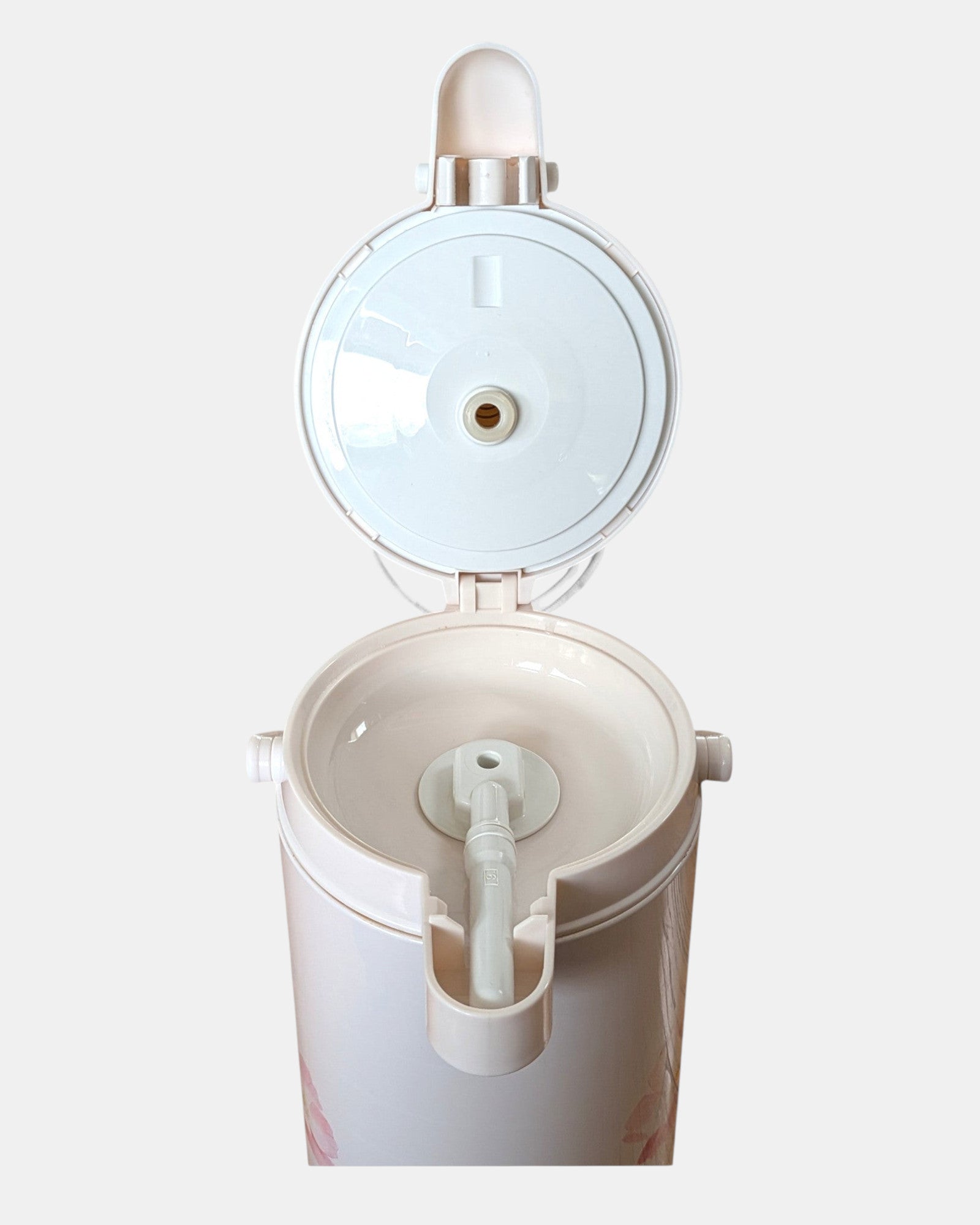 Bubu Future Online Zojirushi 2.45L thermal airpot with vintage Duet Flower floral print and open pump dispenser lid.
